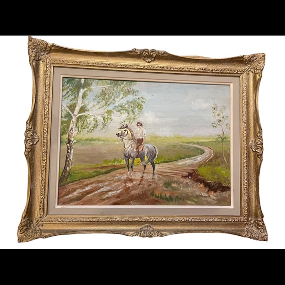 Vintage Polish unsigned oil painting Boy on a horse framed on board - Picture 2 of 7